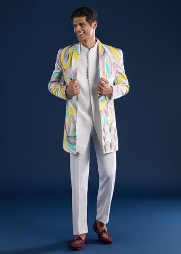 White Indo Western Set For Men With Hand Painted Work