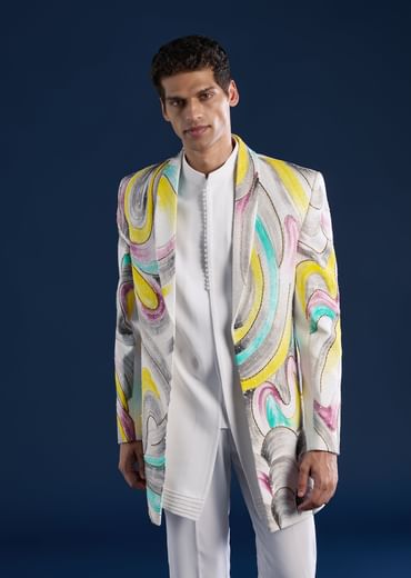 White Indo Western Set For Men With Hand Painted Work