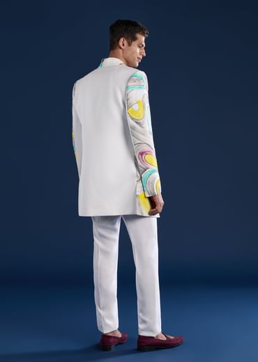 White Indo Western Set For Men With Hand Painted Work