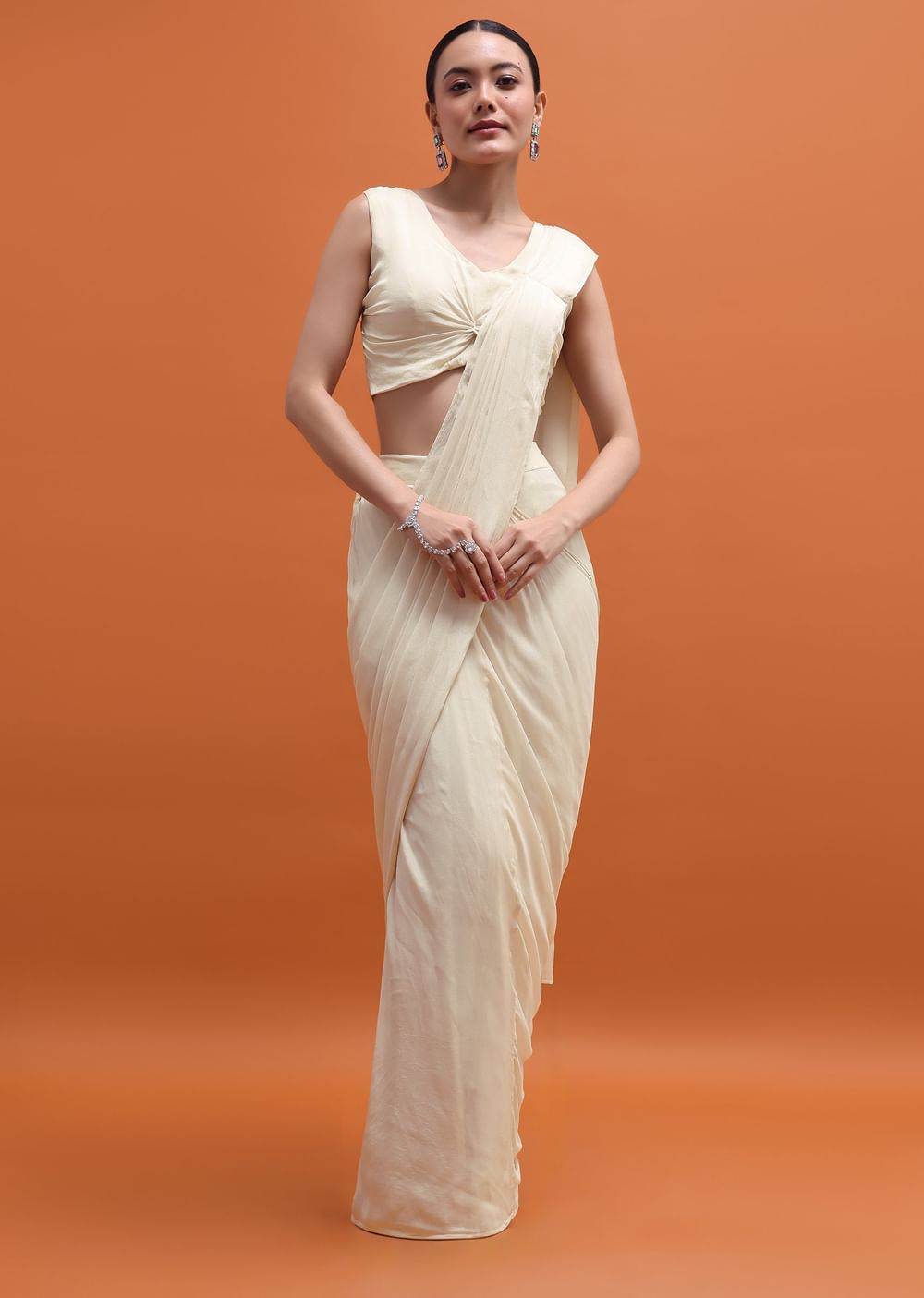 White Chiffon Embroidered Fusion Set With Attached Dupatta And Cape