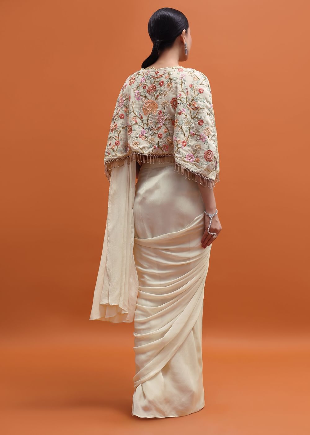 White Chiffon Embroidered Fusion Set With Attached Dupatta And Cape
