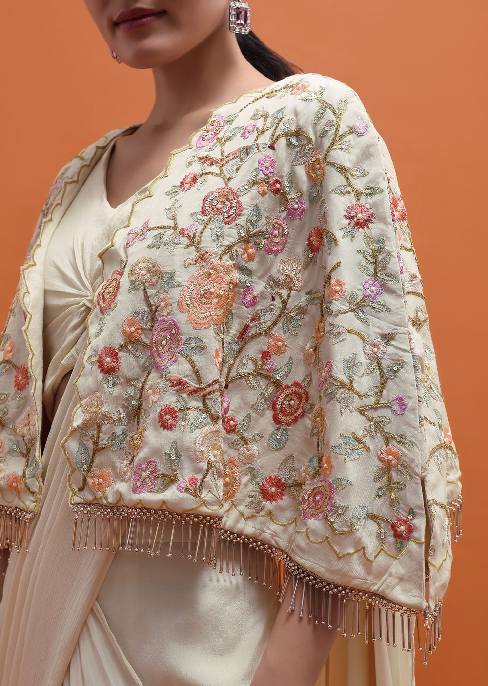 White Chiffon Embroidered Fusion Set With Attached Dupatta And Cape