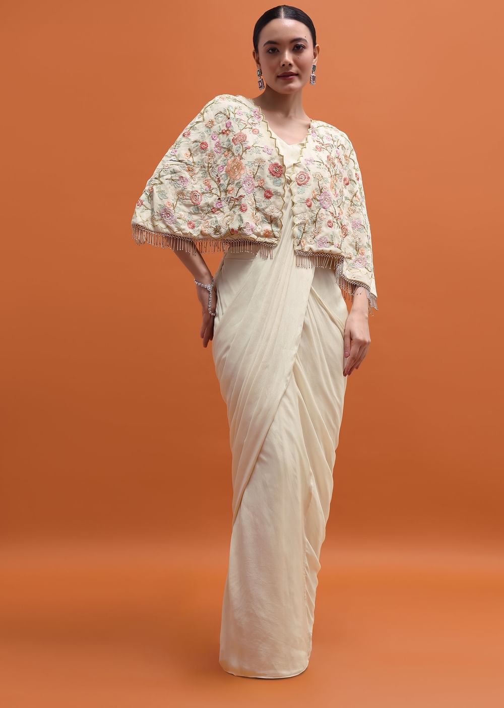 White Chiffon Embroidered Fusion Set With Attached Dupatta And Cape