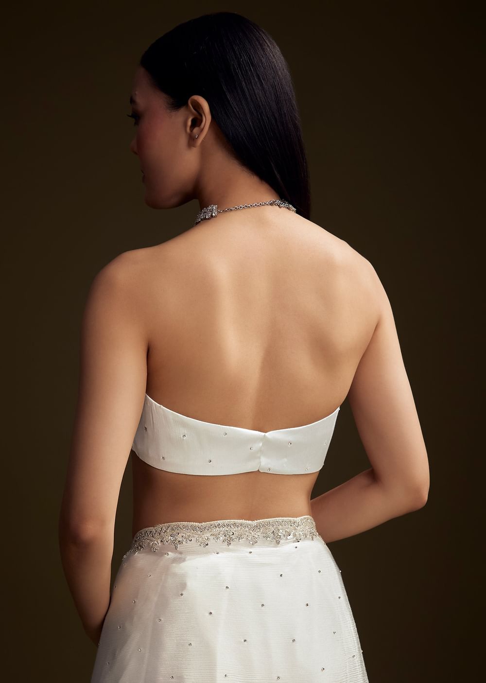 White Chinon Saree With Stone And Sequin Embroidery