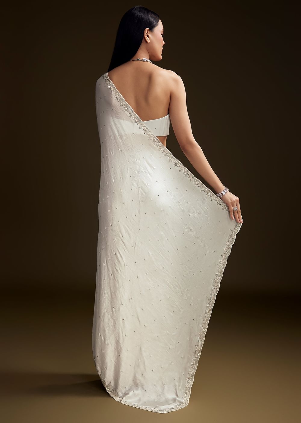 White Chinon Saree With Stone And Sequin Embroidery