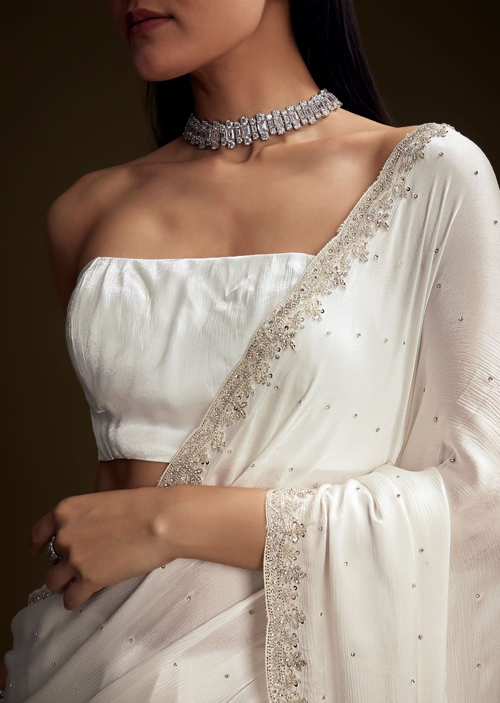 White Chinon Saree With Stone And Sequin Embroidery