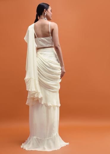 White Embroidered Silk Blouse And Skirt With Attached Dupatta