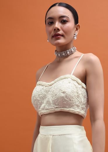 White Embroidered Silk Blouse And Skirt With Attached Dupatta