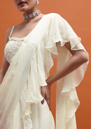 White Embroidered Silk Blouse And Skirt With Attached Dupatta