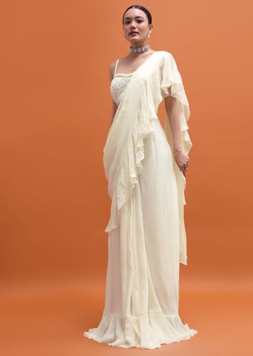 White Embroidered Silk Blouse And Skirt With Attached Dupatta
