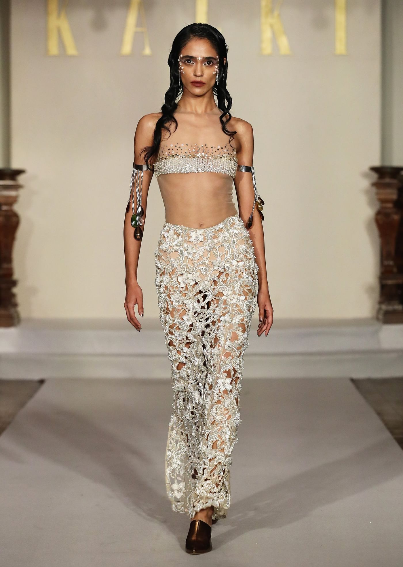 White Net Bridal Indo Western Skirt Set With Delicate Embroidery