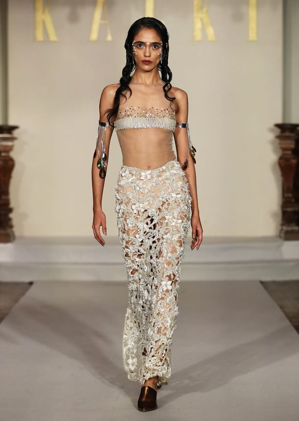 White Net Bridal Indo Western Skirt Set With Delicate Embroidery