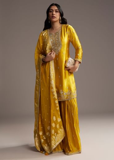 Yellow Zari Palazzo Suit Set With Dupatta