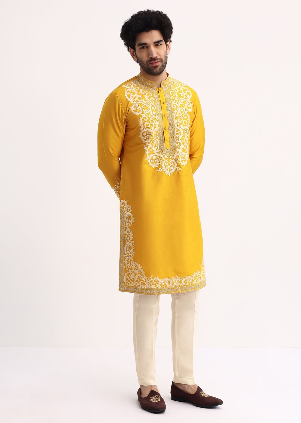 Mustard Yellow Kurta Set With Threadwork