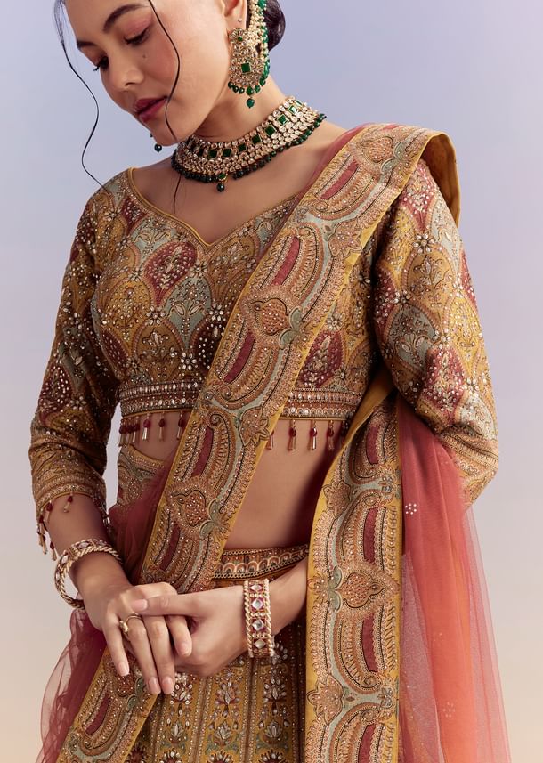 Yellow Crepe Printed Bridesmaid Lehenga With Heavy Hand Embroidery