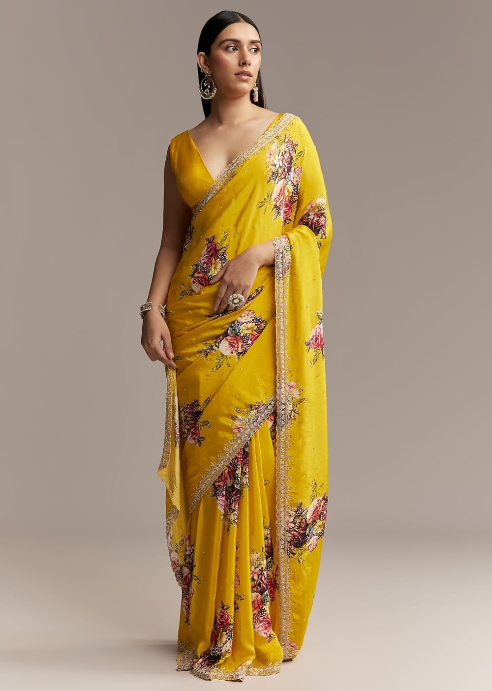 Yellow Crepe Saree With Multicolor Floral Print And Embellished Border