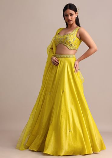 Yellow Garwal Tissue Double Circular Lehenga With Embroidered Blouse And Dupatta