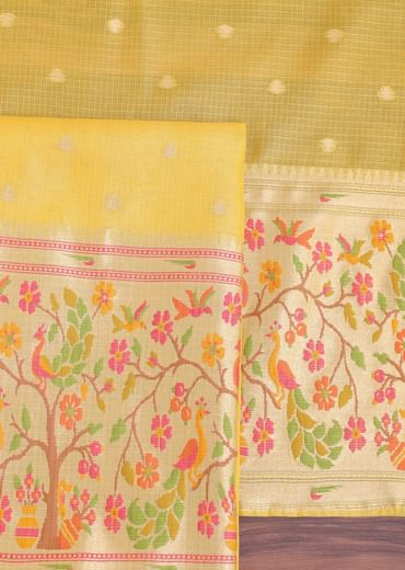 Yellow Woven Silk Paithani Dress Material