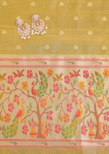 Yellow Woven Silk Paithani Dress Material