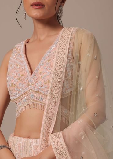 Peach Net Lehenga Set With Cutdana Work