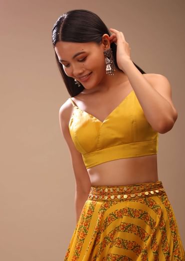 Amber Yellow Blouse In Satin With Strap Sleeves And Overlapping Geometric Neckline