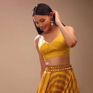 Amber Yellow Blouse In Satin With Strap Sleeves And Overlapping Geometric Neckline