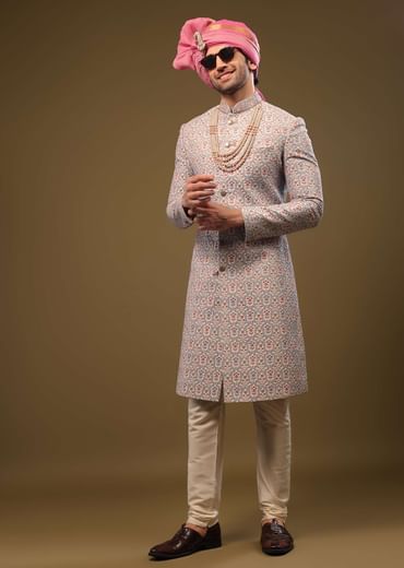 Angel Fall Blue Silk Sherwani Set In Sequins And Threadwork