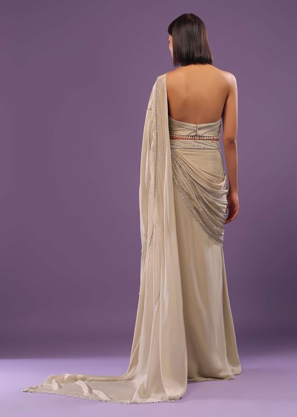 Nude White Embroidered Ready-Pleated Saree In Crepe