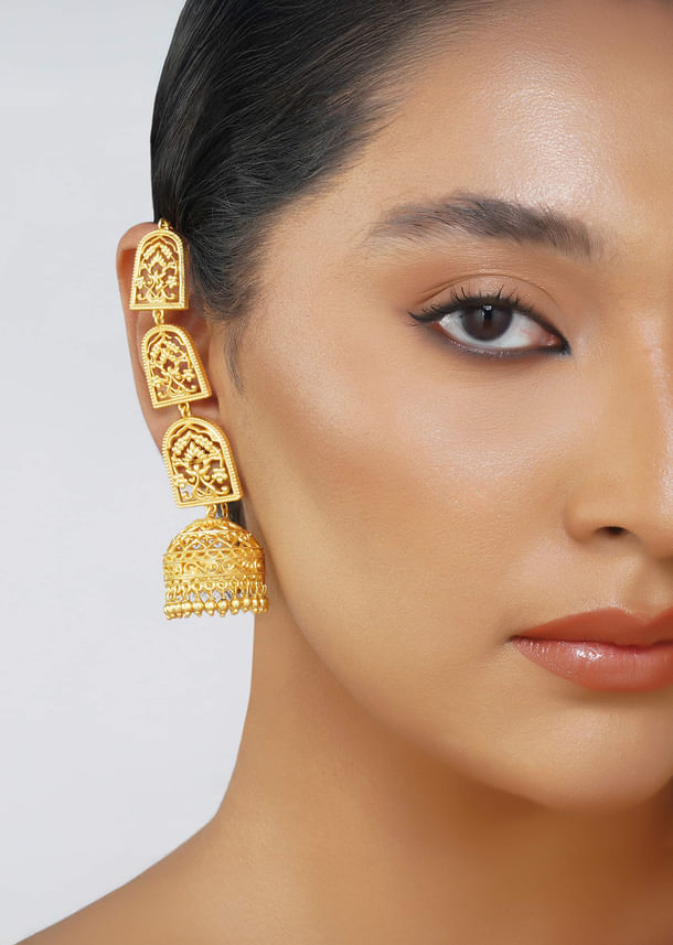 Antique Gold Bareilly Jhumka Earrings With Layered Dome Design Antique Gold Bareilly Jhumka Earrings With Layered Dome Design