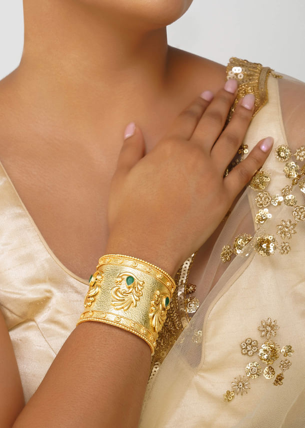 Antique Gold Cuff Bracelet With Peacock Motifs And Zircon Accents Antique Gold Cuff Bracelet With Peacock Motifs And Zircon Accents