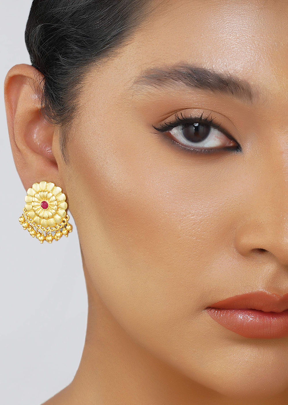 Antique Gold Floral Stud Earrings With Red Zircon Detailing