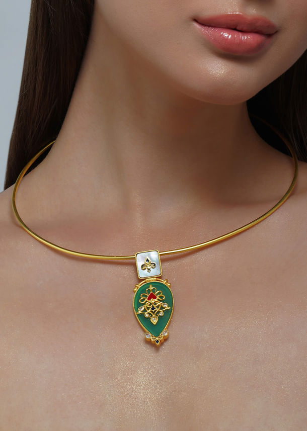 Antique Gold Green Collar Necklace With Zircon Embellishment Antique Gold Green Collar Necklace With Zircon Embellishment