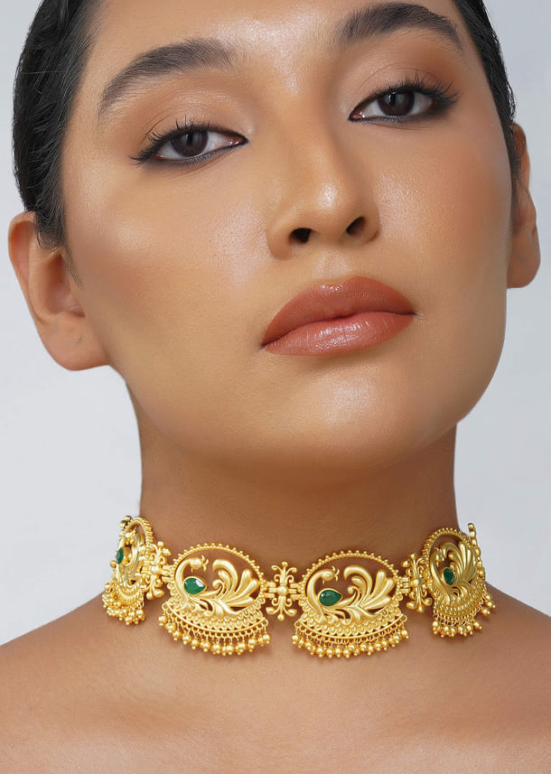 Antique Gold Mix Metal Choker Necklace With Green Accents Antique Gold Mix Metal Choker Necklace With Green Accents