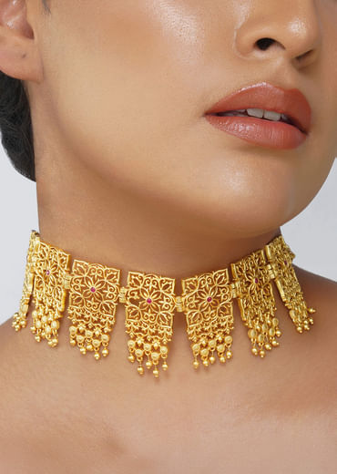 Antique Gold Mix Metal Zircon Choker Necklace
