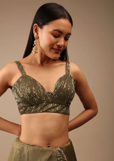 Antique Green Blouse In Crush Embellished With Sequins And Featuring Strap Sleeves And Geometric Neckline