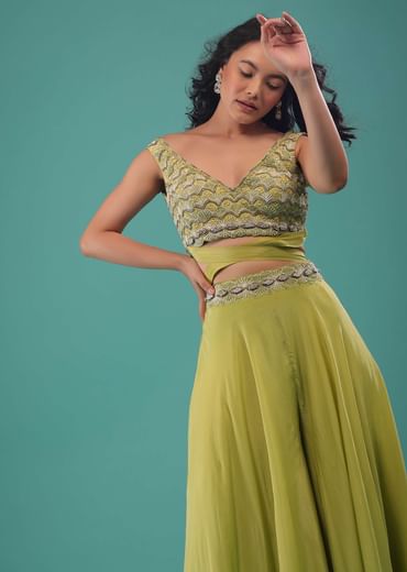 Citrus Green Flared Palazzo And A Crop Top Set, Crafted In Crepe With A Side Zip Closure