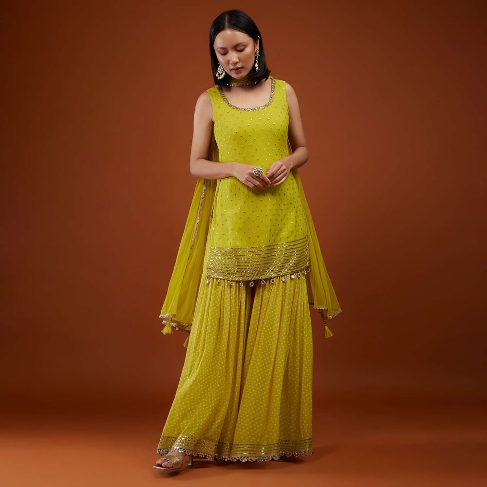 Lime Green Sharara Suit In Georgette With Embroidery