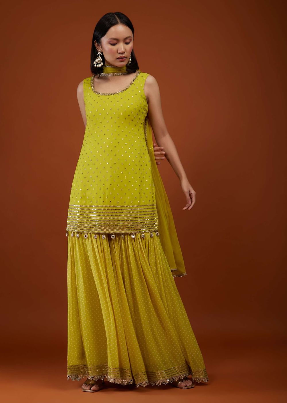Lime Green Sharara Suit In Georgette With Embroidery