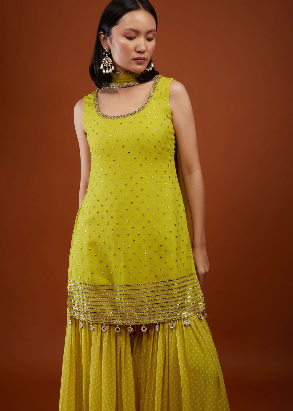 Lime Green Sharara Suit In Georgette With Embroidery