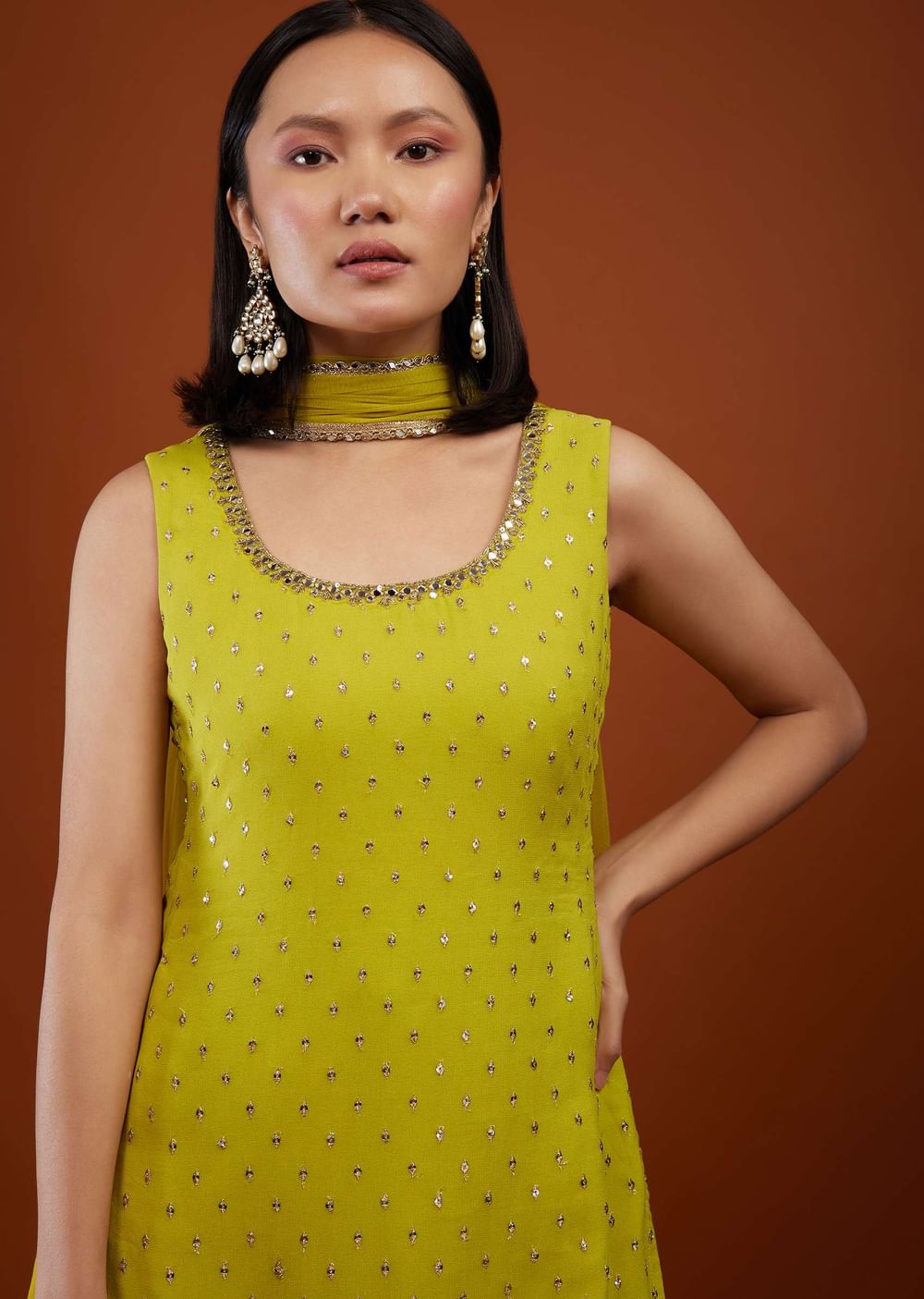 Lime Green Sharara Suit In Georgette With Embroidery