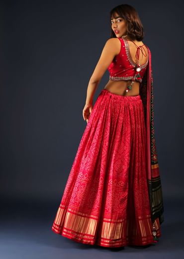 Apple Red Lehenga In Bandhani Printed Satin With Zardosi Embroidered Choli And Patola Dupatta