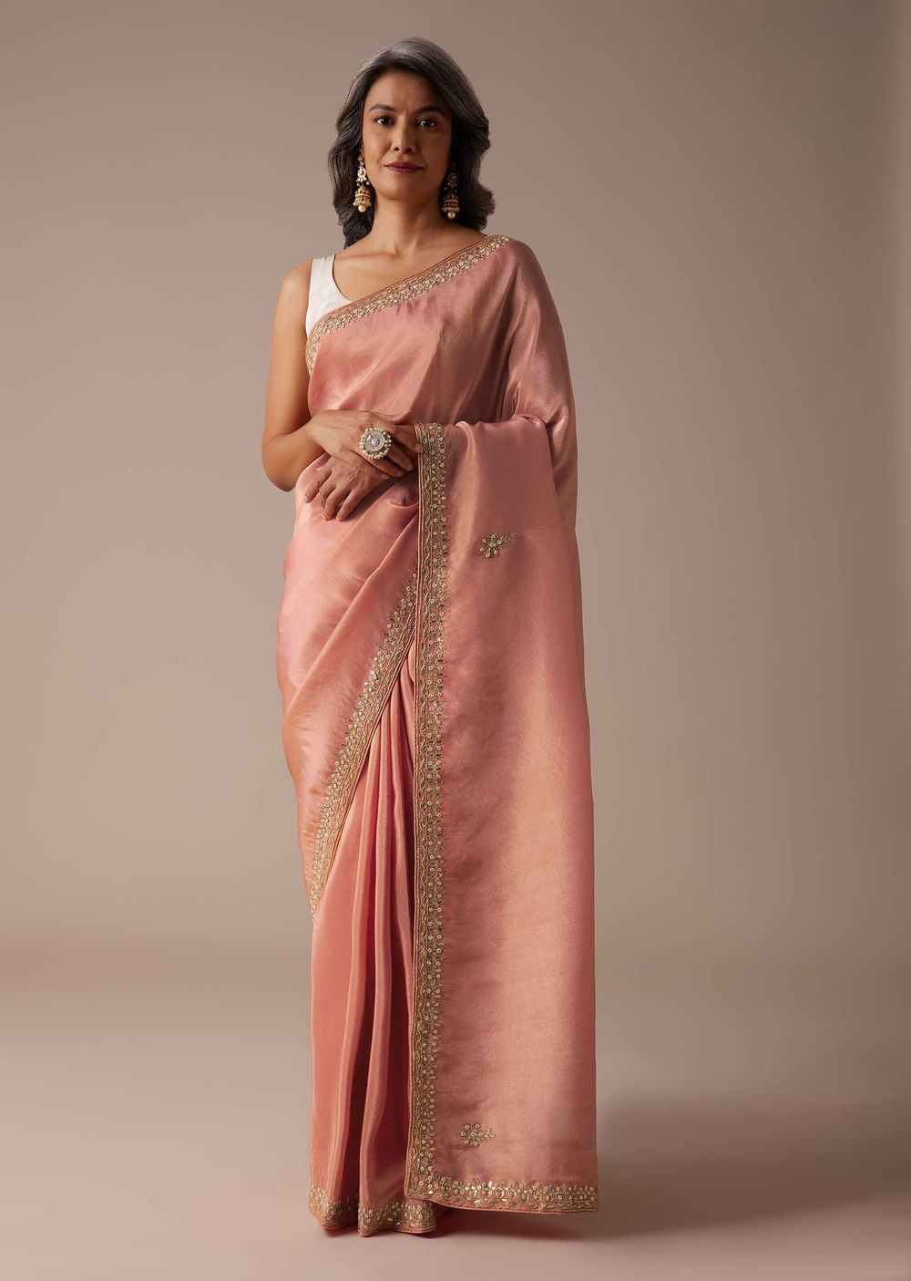 Apricot Blush Dupion Silk Saree With Gotta Patti Embroidered Floral Buttis