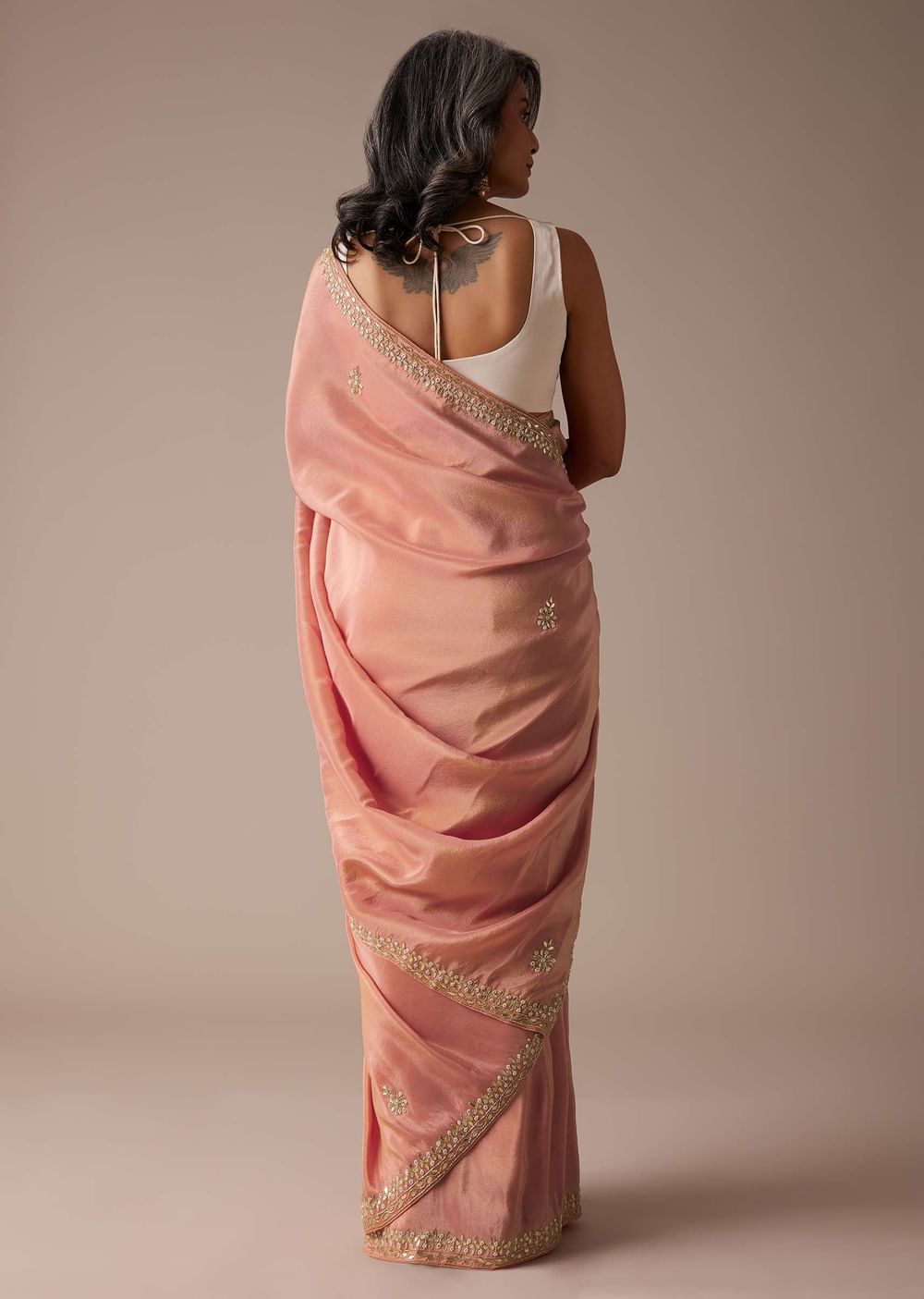 Apricot Blush Dupion Silk Saree With Gotta Patti Embroidered Floral Buttis