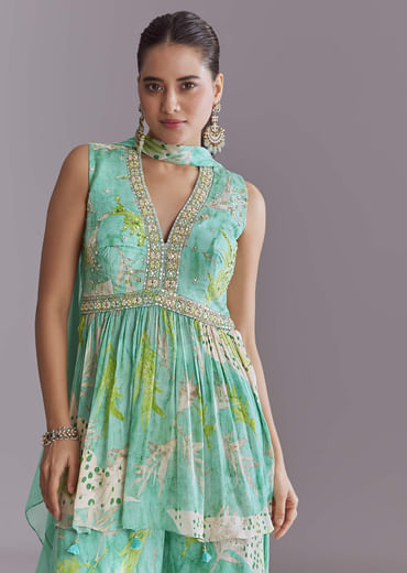 Aqua Blue Chinon Palazzo Suit With Printed Motifs