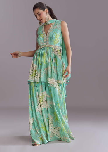 Aqua Blue Chinon Palazzo Suit With Printed Motifs