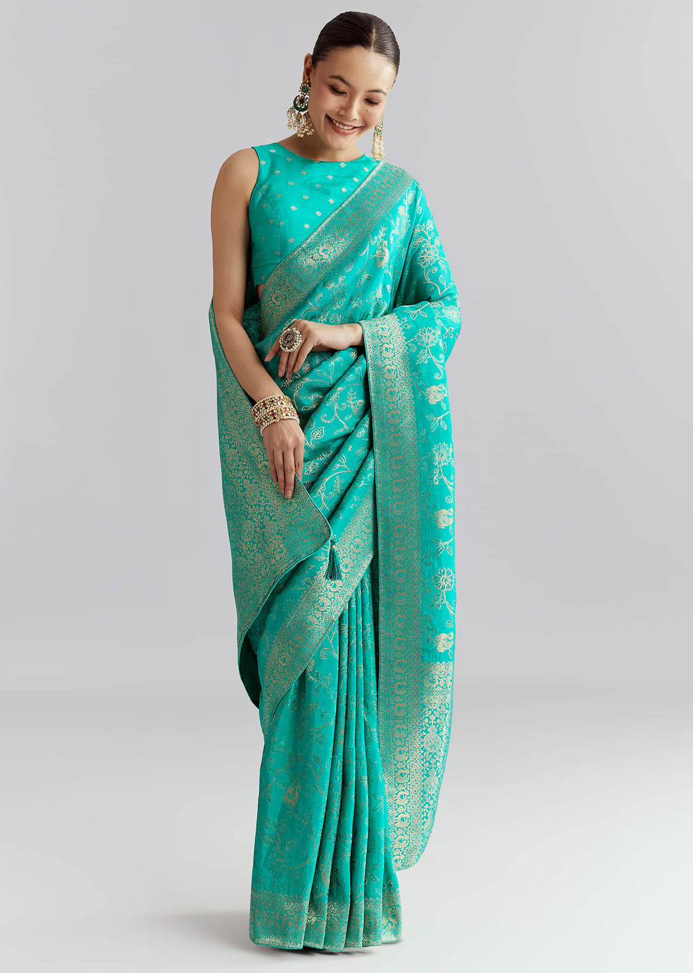 Aqua Blue Dola Silk Woven Saree With Floral Jaal Work