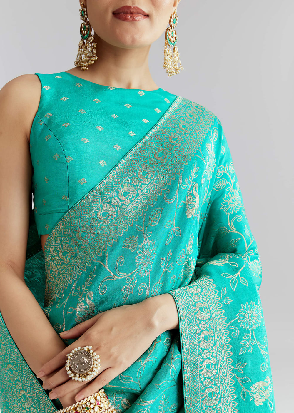 Aqua Blue Dola Silk Woven Saree With Floral Jaal Work