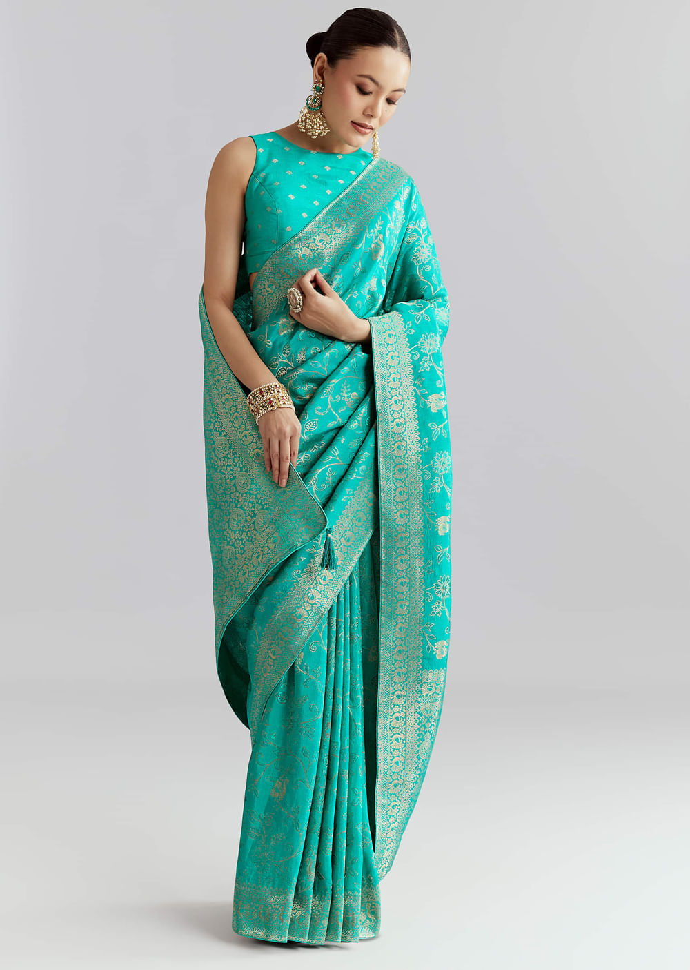 Aqua Blue Dola Silk Woven Saree With Floral Jaal Work