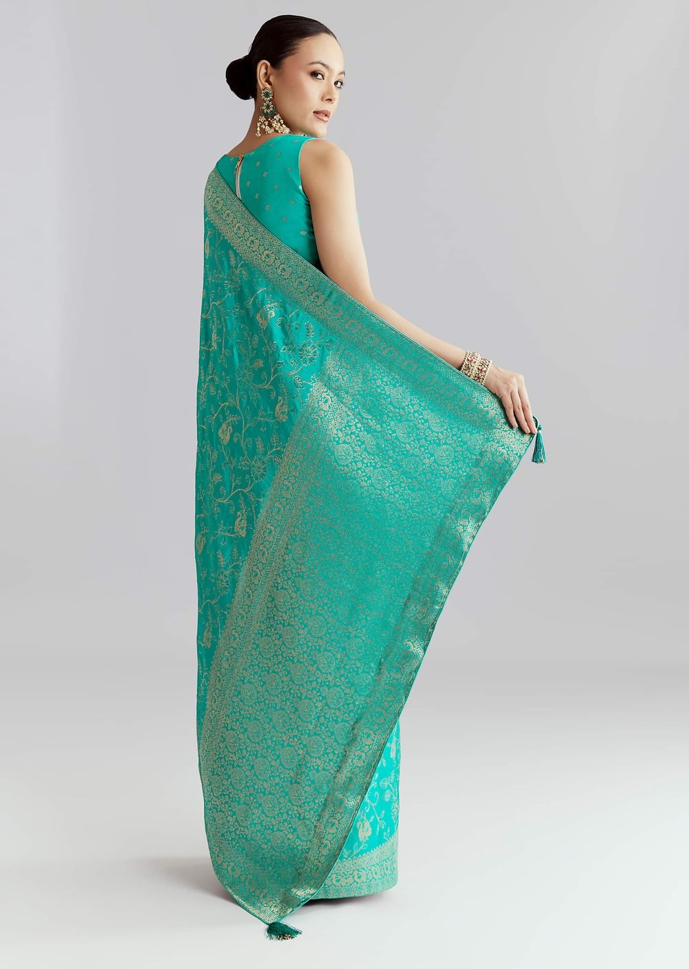 Aqua Blue Dola Silk Woven Saree With Floral Jaal Work