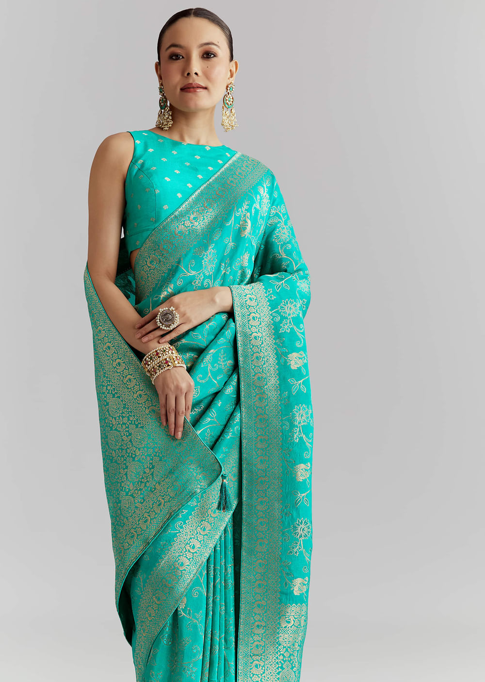 Aqua Blue Dola Silk Woven Saree With Floral Jaal Work